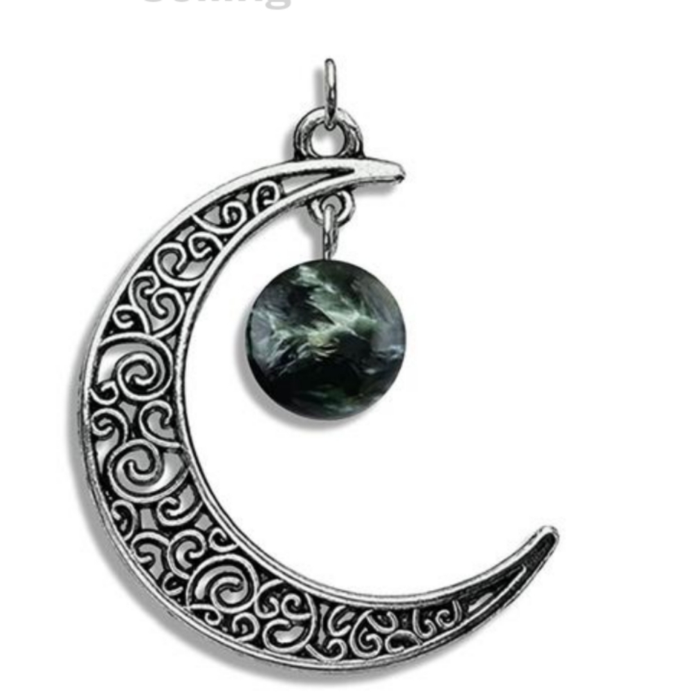 Seraphinite Tibetan Silver Crescent Moon Pendant